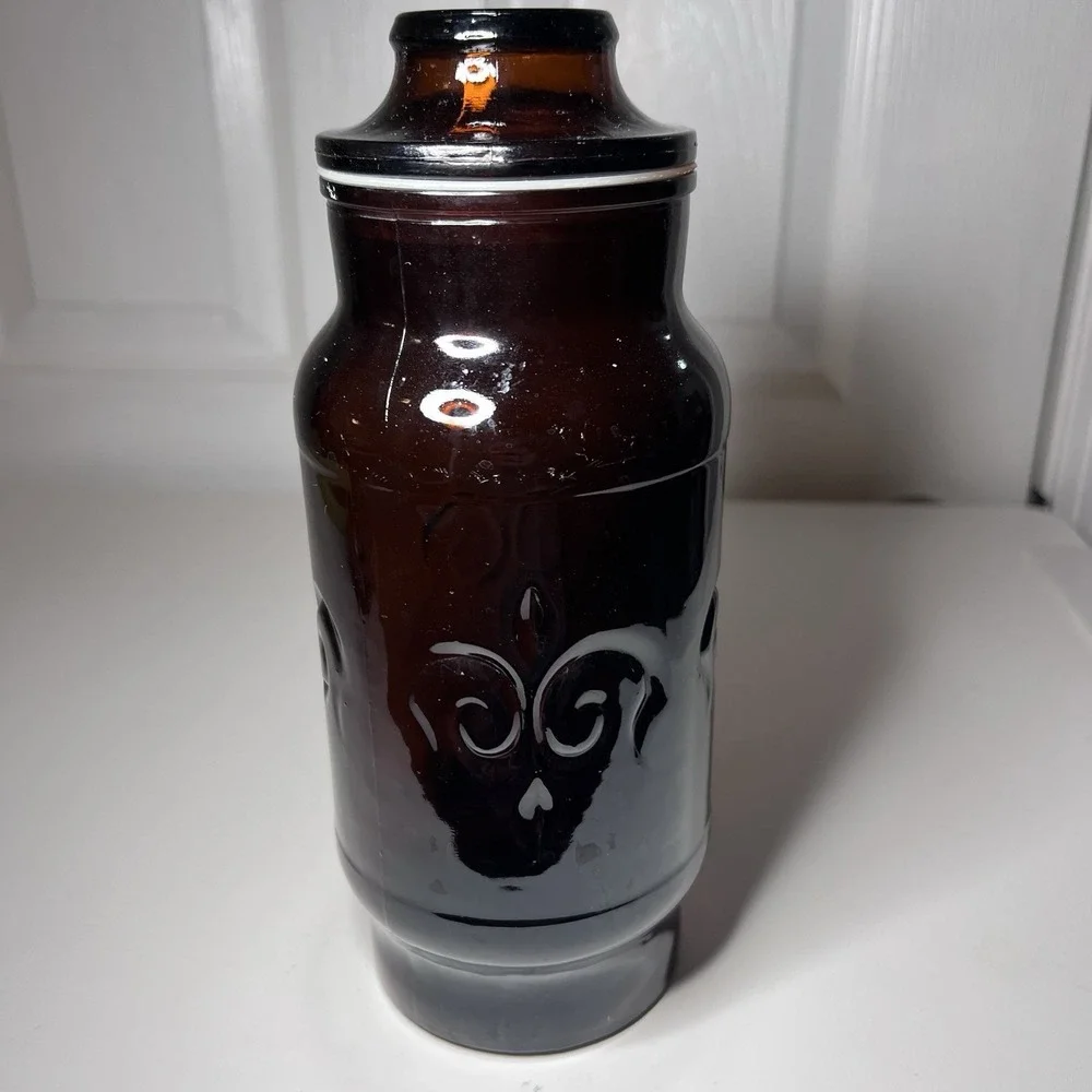 Vtg 1970's Borden Cremora Amber Glass Canister Apothecary‎ Jar Fleur Di Lis 9